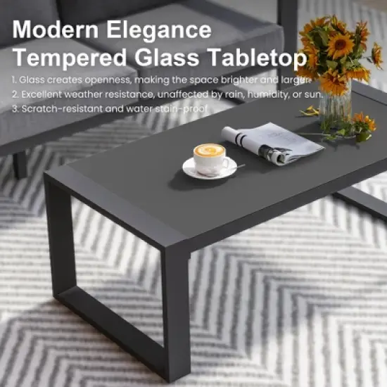 Heynemo Aluminum Outdoor Coffee Table, All-Weather Metal Rectangular Patio Side Table with Tempered Glass Top, for Porch Backyard Garden image {8}