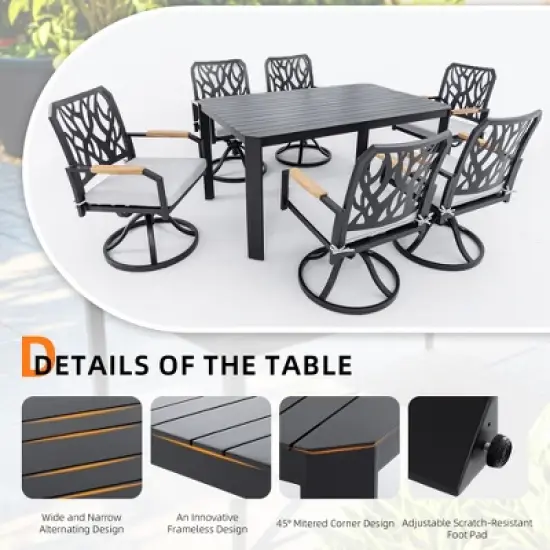 UNISOAR 7-PC Outdoor Patio Aluminum Furniture Set, Modern Dining Set. Rectangular Table with 6 Swivel Rockers Sunbrella Fabric Cushioned image {1}