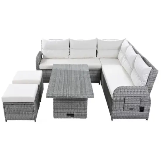 Outdoor Patio Rattan Sectional Sofa Set with Adjustable Height Table and 2 Reclining Seat, Extendable Side Tables image {9}