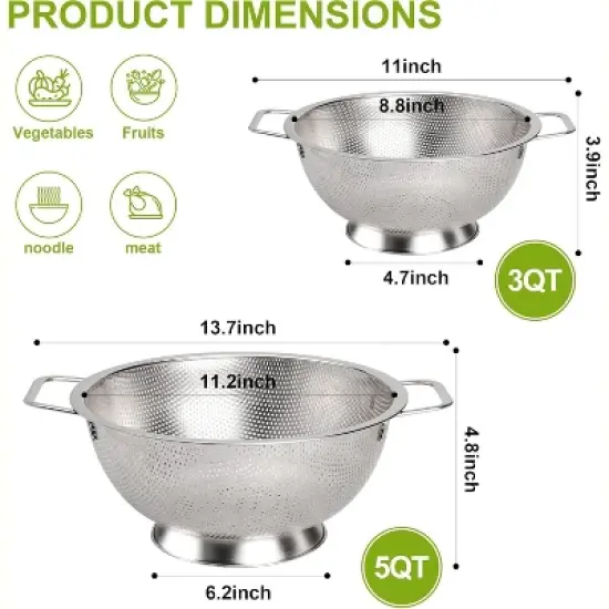 Colander Stainless Steel 3-Quart, Strainer for Kitchen Food, Dishwasher Safe image {1}