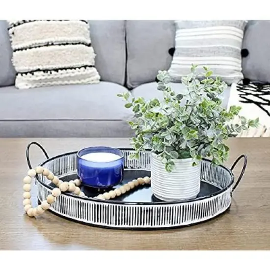 AuldHome Design Decorative Boho Serving Tray; Distressed White Over Black Metal Tray image {3}