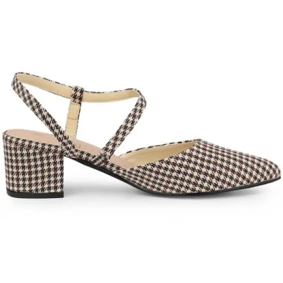 Perphy Houndstooth Printed Pointed Toe Slingback Chunky Heels Mules for Women image {5}