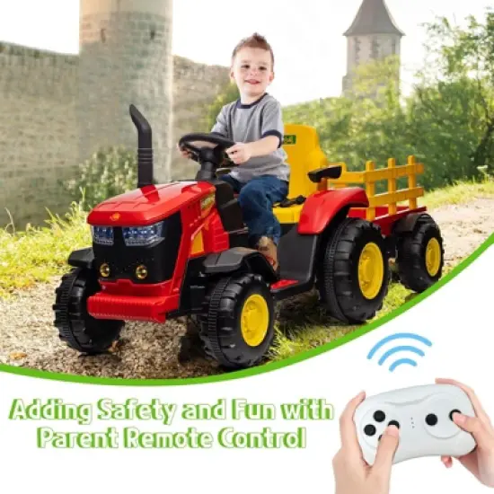 12V Kids Ride-On Tractor with Remote Control, Battery Powered Tractor Car Toy with Detachable Trailer, Music, Perfect for Boys & Girls, Red image {3}