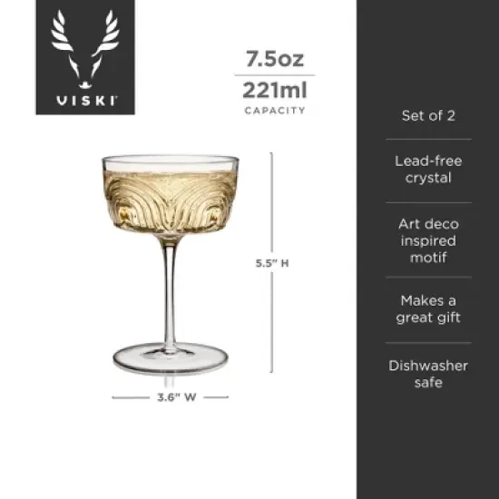 Viski Beau Cocktail Coupe Glasses, Unique Cocktail Glasses Crystal Drinkware, 7.5oz. Cocktail Glasses Stem Vintage Wine Glasses Inspired Set of 2 image {2}
