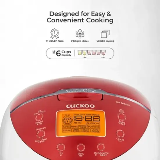 CUCKOO 6-Cup Micom Rice Cooker and Warmer White/Red: 12 Settings, Automatic Keep Warm, Dishwasher-Safe Parts, Timer image {7}
