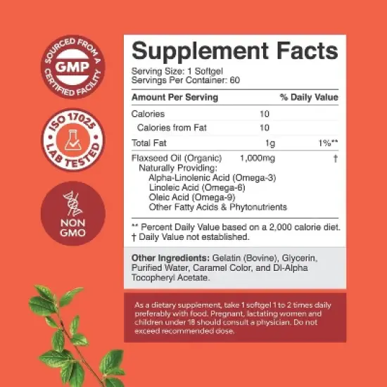 Flaxseed Oil 1000mg Softgels, High Potency Flax Seed Oil Softgels with Omega 3 6 9 for Heart Health, Digestion & Brain Support, Nature's Craft, 60ct image {2}