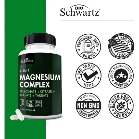Magnesium Complex Supplement, Extra Strength 350mg Magnesium Glycinate Citrate, Supports Heart Health Sleep Nerves Muscles, Bioschwartz, 90ct image {4}
