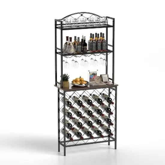DOMETOUR Industrial Wine Rack Bar Table, 3-Tier Liquor Bottle and Glass Holder with Storage, Metal & Wood Organizer for Home Kitchen & Dining Room image {11}