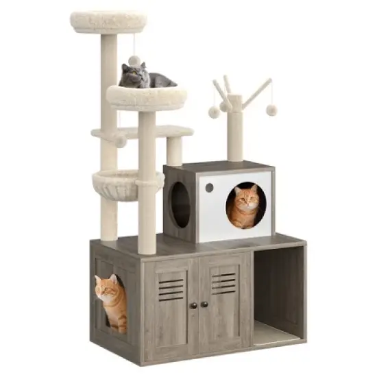 Litter Box Enclosure with Cat Tree Tower & Condo - Hidden Pet Washroom with Sisal Scratching Post, Hammocks, Condo, Multi Platform, Soft Plush Perch image {9}