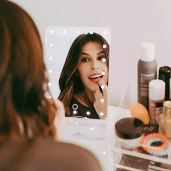 SUGIFT Lighted Vanity Mirror with 21 LED Lights, 1X 2X 3X 10X Magnification, Tri-Fold Design, Built-In Speakers image {7}