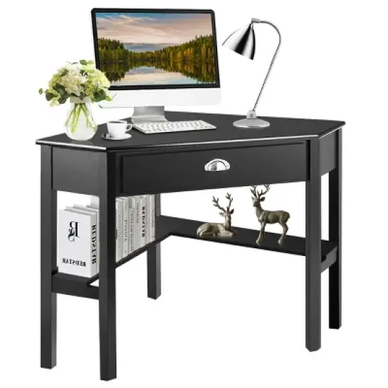 Costway Triangle Computer Desk Corner Office Desk Laptop Table with Drawer Shelves Rustic Brown&Black/White/Black/Coffee/Grey/Natural&White image {10}