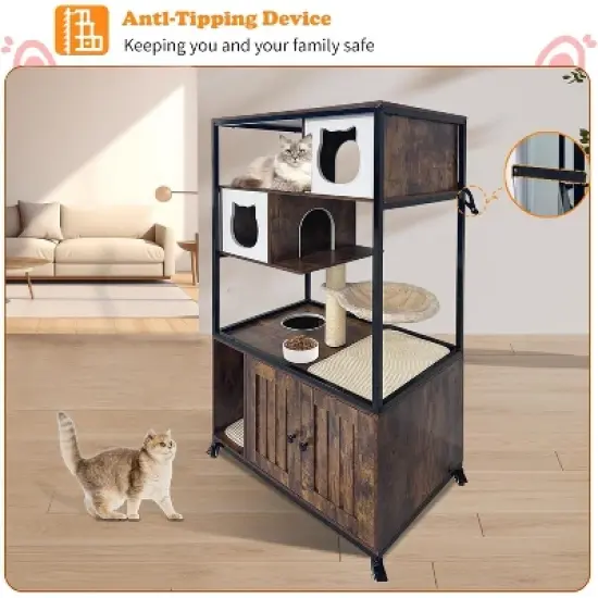 Jojoka Pet Litter Box Enclosure, Hidden Cat House Furniture with Metal Frame, Cat Tower with Storage, Barn Door, and Wheels image {5}