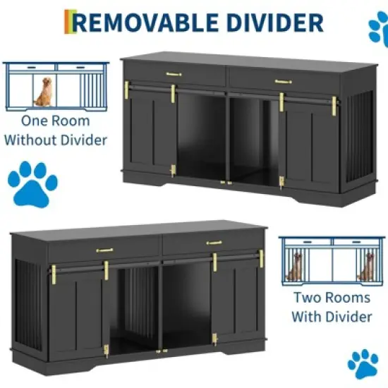 71" Dog Crate Furniture for 2 Dogs, Chew-Resistant Double Dog Kennel with 2 Drawers &  Sliding Doors, Decorative TV Stand End Table for Living Room image {3}