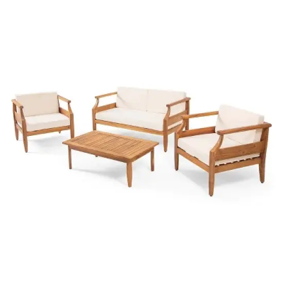 FIONECA Outdoor Mid-Century Modern 4-Seat Acacia Wood Chat Set with Loveseat, Coffee Table & Club Chairs, Teak Finish + Cream Cushion image {5}