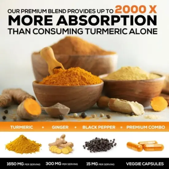 Turmeric Curcumin Supplement 1950mg Organic Turmeric with Ginger, 95% Curcuminoids, BioPerine Black Pepper, 180 Capsules By Nature's Nutrition image {4}