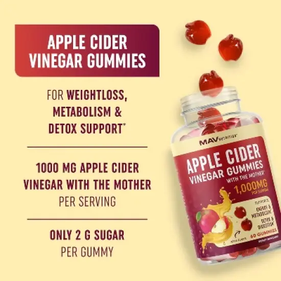 Apple Cider Vinegar Gummies, Organic ACV Supplement with the Mother for Energy, Metabolism, Detox & Digestion, Apple Flavor, MAV Nutrition, 60ct image {4}
