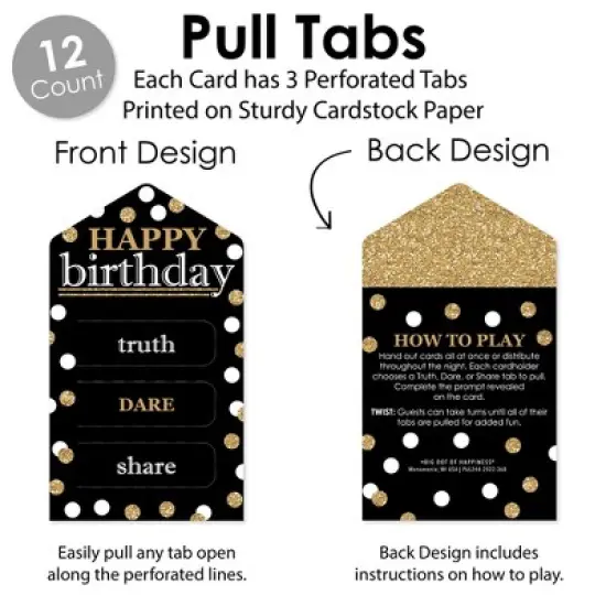 Big Dot of Happiness Adult Happy Birthday - Gold - Birthday Party Game Pickle Cards - Truth, Dare, Share Pull Tabs - Set of 12 image {2}
