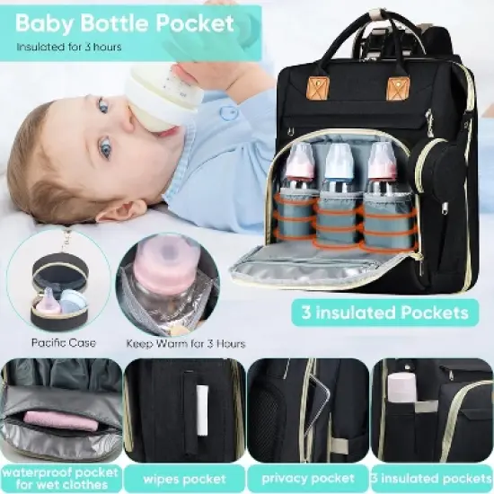 Itopfox Large Capacity Diaper Backpack with USB Port, Waterproof & Foldable Baby Travel Bag for Parents, Black image {7}