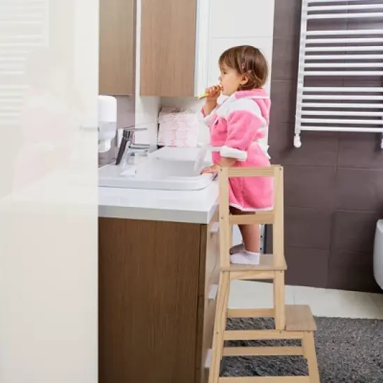 Costway Kids Kitchen Step Stool Kids Standing Tower with Safety Rails White\Nature image {2}