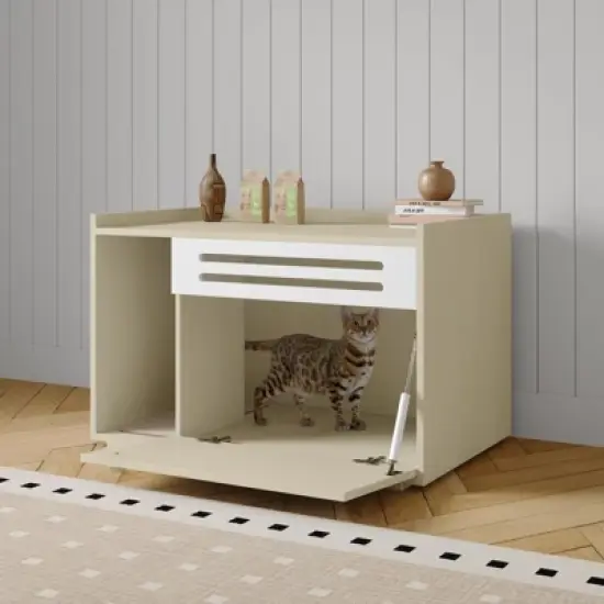 Cat Litter Box Enclosure, Hidden Litter Box Furniture, Dog Proof Hideaway Kitty Flip-down Opening Litter Box Cabinet, Indoor Wooden Cat Washroom image {8}