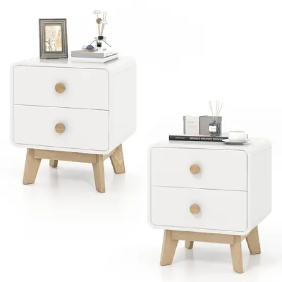 Costway 1/2 PCS Nightstand Mid Century Modern Bedside Table with 2 Drawers Solid Rubber Wood Legs White image {11}