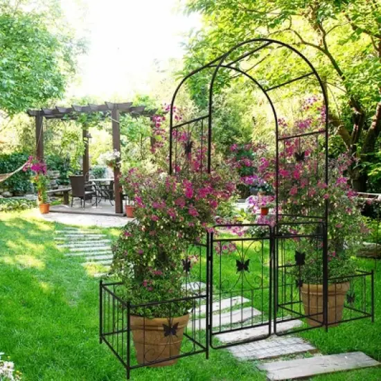 Lirago Metal Garden Arch with Double Gate Black Powder Coated Steel Trellis for Climbing Plants 86.6"H * 40.2"W * 19.7"D image {4}