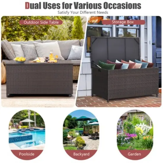 Tangkula Outdoor 50 Gallon Wicker Storage Box PE Rattan Storage Container with Lid Deck&Waterproof Liner Mix Brown image {5}
