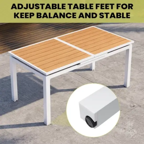 Crestlive Products Outdoor Dining Table, 63"-83" Patio Extendable Dining Table with Wooden-Like Top and White Aluminum Frame image {6}