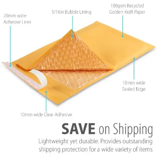 Fosmon #0 Kraft Bubble Mailer 6.5" x 10", Extra Wide Padded Shipping Envelopes image {2}