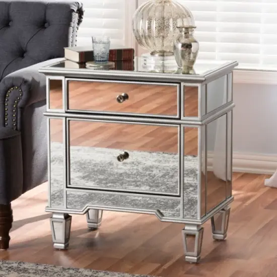 Sussie Hollywood Regency Glamour Style Mirrored 2 - Drawer Nightstand - Baxton Studio image {5}