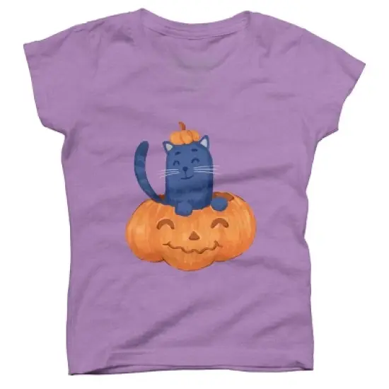 Girl's Design By Humans Halloween Cat In A Pumpkin By wubbadub T-Shirt image {6}