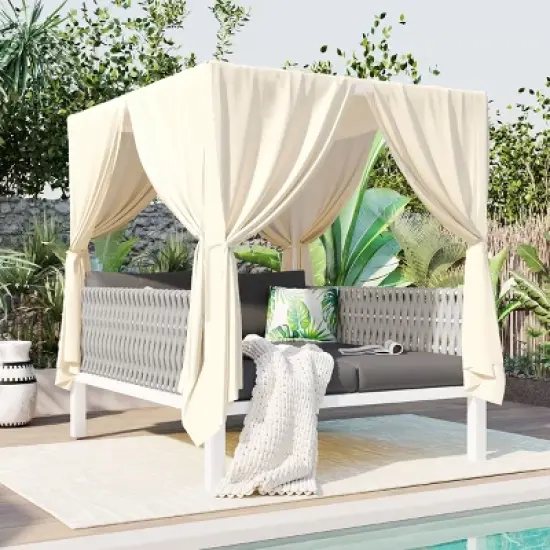 Outdoor Patio Daybed with Curtain and Canopy, 2-Seater Woven Rope Sunbed, Daybed with Iron Frame and Foam Cushions and Pillows&ndash;Cuddlewood image {8}