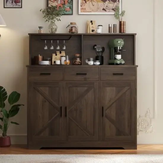 Farmhouse Sideboard Buffet Cabinet with Microwave Stand &ndash; Barn Doors, Drawers & Shelves image {5}