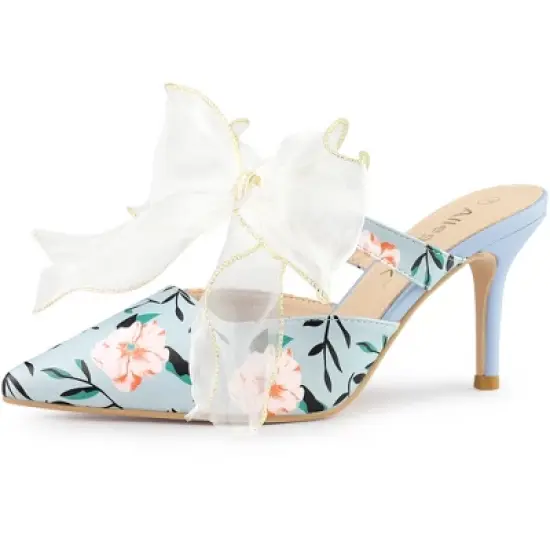 Allegra K Women's Floral Printed Lace Strap Stiletto Heels Mules image {6}