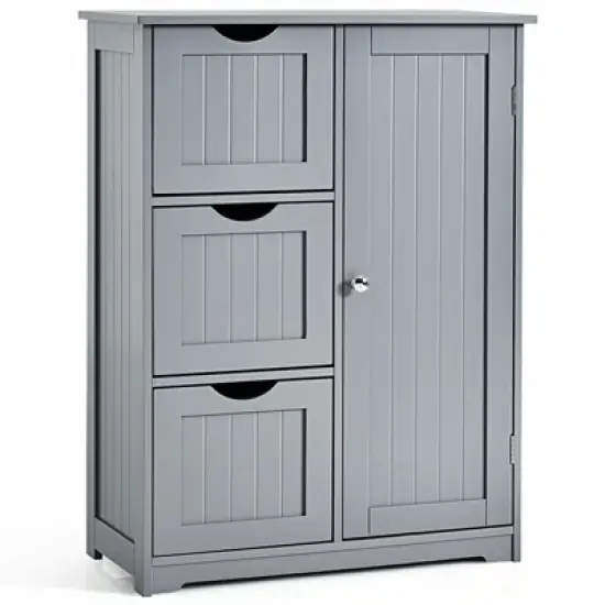 Costway Bathroom Floor Cabinet Side Storage Cabinet with 3 Drawers and 1 Cupboard Grey\ Black image {9}