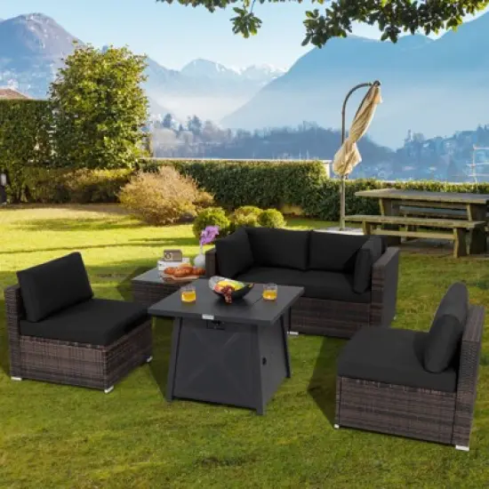 Tangkula 6-Piece Patio Furniture Set w/ 30" Propane Fire Pit Table Outdoor PE Wicker Conversation Set w/ Cushions &Tempered Glass Coffee Table image {1}