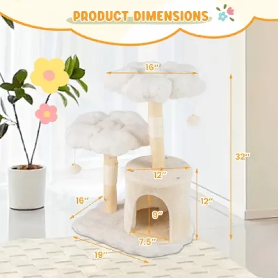 Tangkula Cute Solid Wood Cat Tree Natural Branch Modern Flower Cat Tower w/Soft Long image {8}