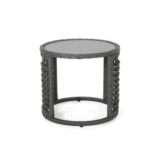 GDFStudio Achill Circular Outdoor Wicker and Tempered Glass Side Table image {7}