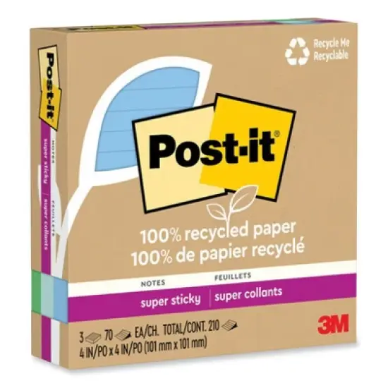 Post-it Notes Super Sticky 100% Recycled Paper Super Sticky Notes, Ruled, 4" x 4", Oasis, 70 Sheets/Pad, 3 Pads/Pack image {1}