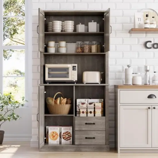 Kitchen Pantry Cabinet with Microwave Stand & Drawers - Tall Hutch Bar Cabinet, Adjustable Shelves, Large Wood Storage for Dining Room, Living Room image {6}