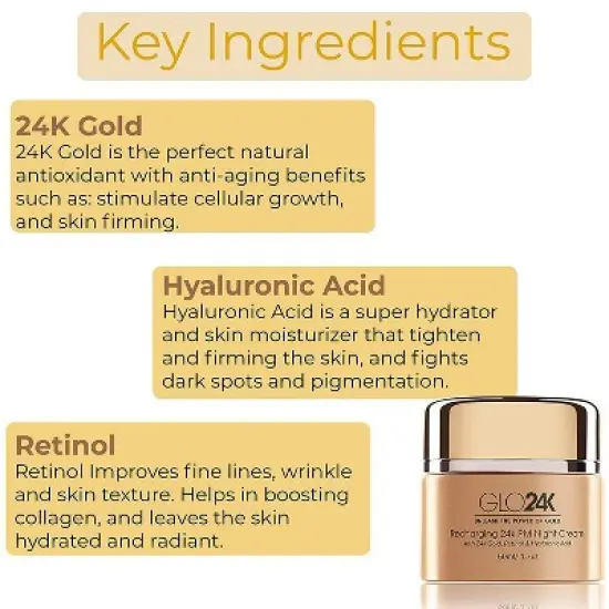 GLO24K Night Cream with 24k Gold, Retinol, Hyaluronic Acid, And Vitamins For Optimal Hydration! image {2}