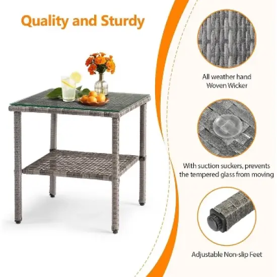 VINGLI Outdoor Wicker Side Table Patio Side Tables for Outside, Tempered Glass Top Wicker Table with Storage End Table for Patio Balcony Porch Deck image {3}
