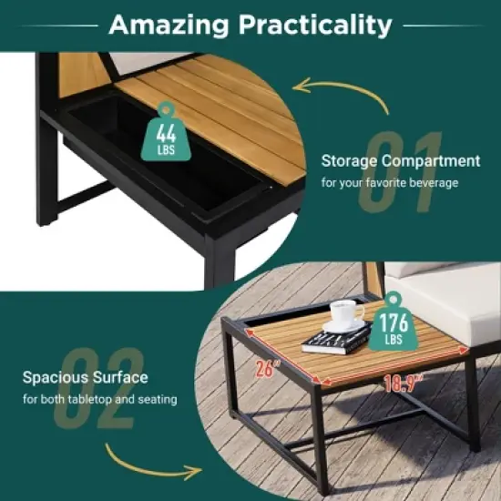 Patio Sectional Sofa Set, Outdoor Iron-Wood Seating Group Conversation Set with Side Table and Cushions for Garden, Backyard -ModernLuxe image {5}