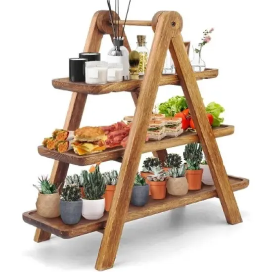 Attop 3 Tier Serving Tray Three Tiered Serving Stand, Rectangle Serving Platter Wooden Farmhouse Tiered Tray image {6}