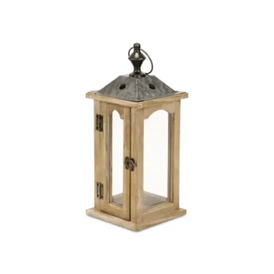 HomeRoots 16" Natural And Gray Geometric Metal And Solid Wood Tabletop Lantern Candle Holder image {3}