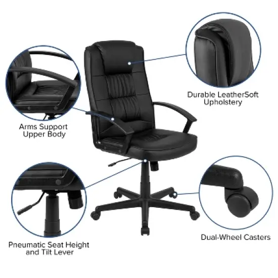 Flash Furniture Biscayne Flash Fundamentals High Back Black LeatherSoft-Padded Task Office Chair with Arms image {4}