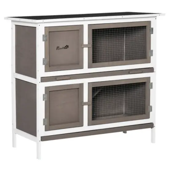 PawHut Wooden Bunny Hutch Rabbit Hutch Small Animals Habitat with Ramp, Removable Tray and Weatherproof Roof, Indoor/Outdoor image {8}