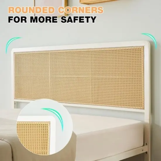 Whizmax Rattan Bed Frame with Led Light Headboard, Bohemian Style Cane Boho Bed Frames with Heavy Duty Steel Slat Support, No Box Spring Needed, White image {5}
