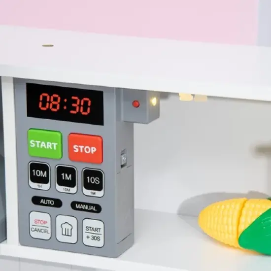 Qaba Wooden Play Kitchen with Realistic Lights and Sounds, Height-Adjustable Kids Kitchen Playset with Microwave, Range Hood, White image {5}