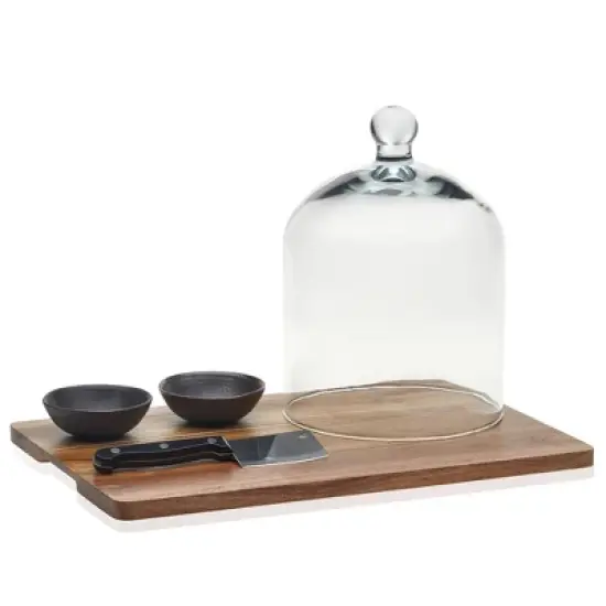 Libbey Acaciawood 4 Piece Cheese Board Serving Set with Glass Dome image {4}